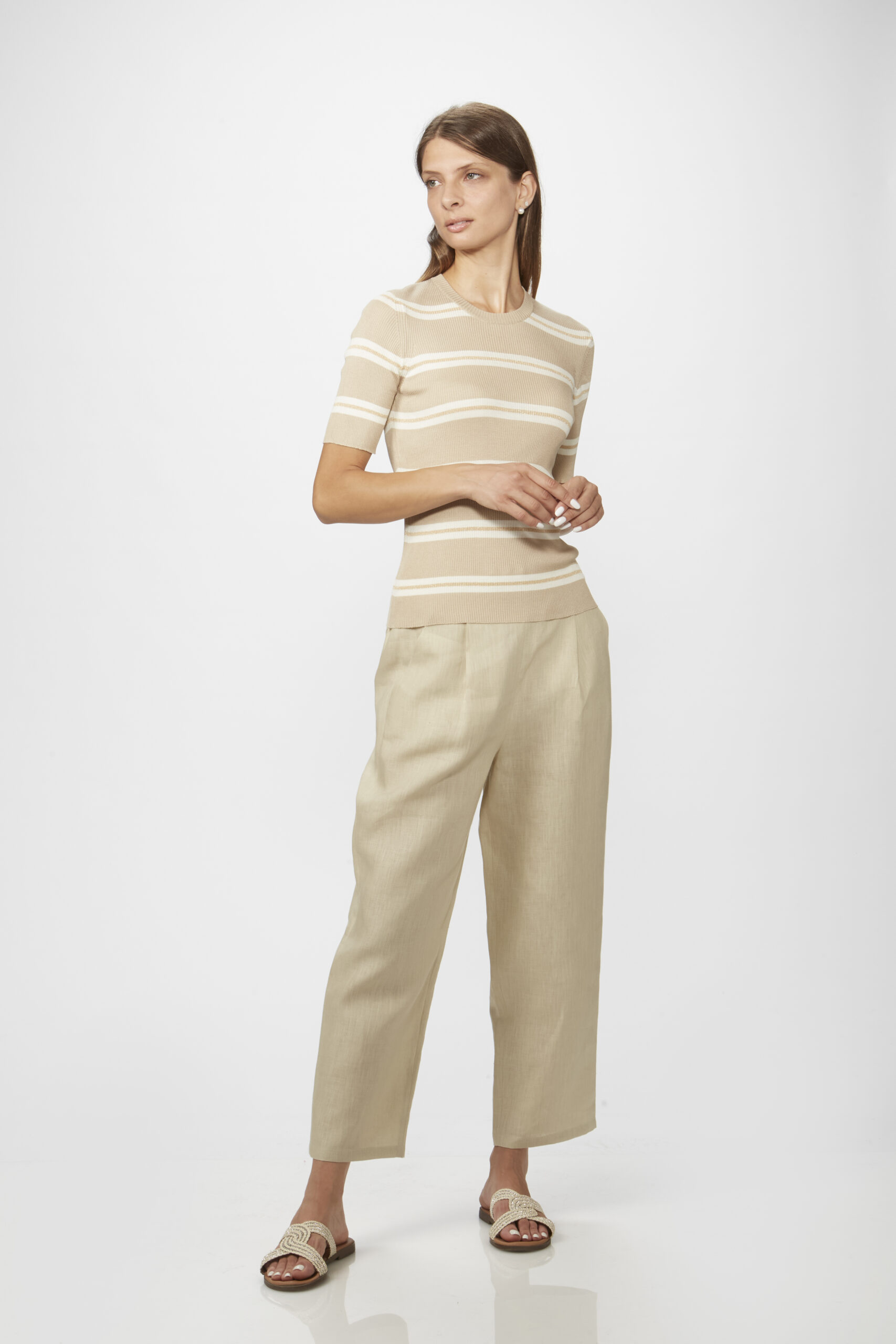 Girocollo Costine Rigate Manica Corta in Seta