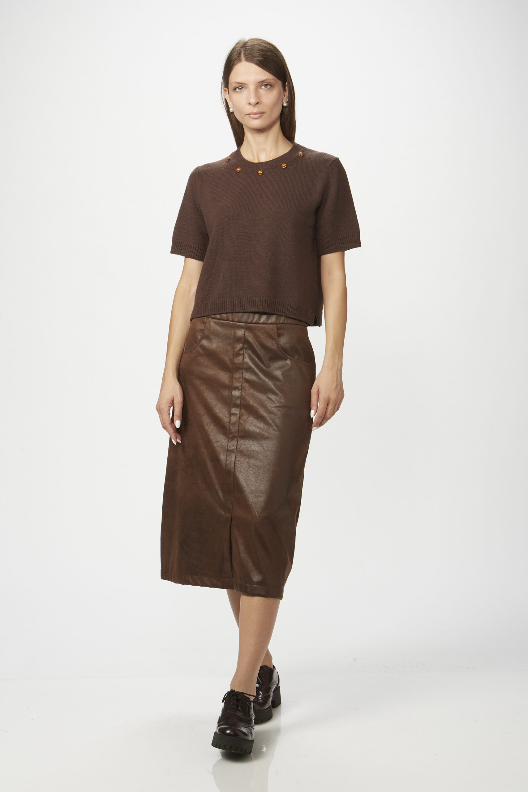 Short-Sleeve Cashmere Crew-Neck Sweater with Jewel Embellishments